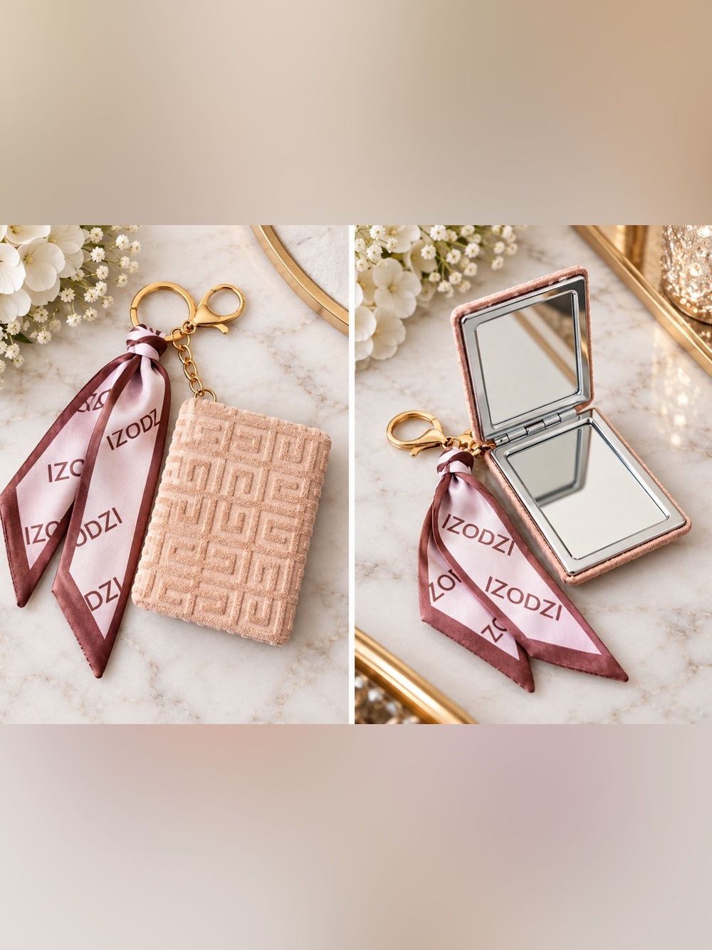 Blush Pink Velvet Keychain Compact Mirror with Scarf Accent